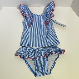 Toddler Girl’s Striped Ruffle Sleeve Tankini Set